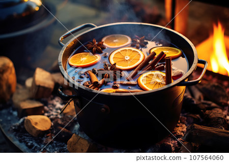 Traditional mulled wine cooking in pot with orange slices and spices close-up Traditional mulled wine cooking in pot with orange slices and spices close-up 107564060