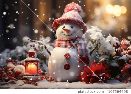 Happy snowman in winter scenery, Merry Christmas background, copy space, greeting card 107564498