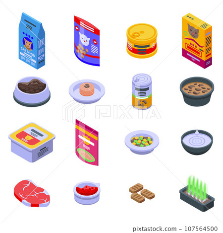 Cat food icons set. Isometric set of cat food vector icons for web design isolated on white background 107564500