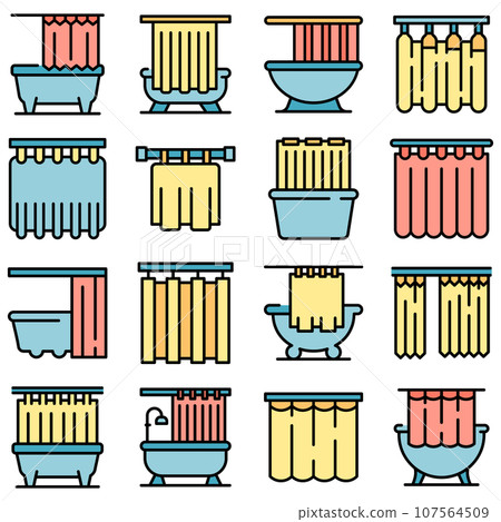 Shower curtain icons set. Outline set of shower curtain vector icons thin line color flat on white Shower curtain icons set. Outline set of shower curtain vector icons thin line color flat on white 107564509