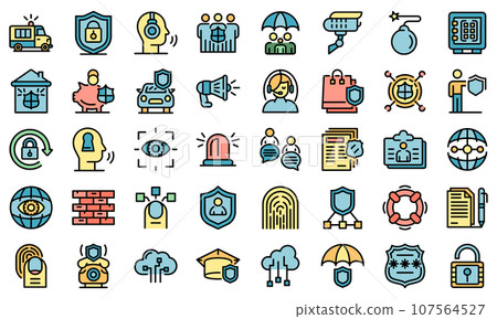 Security service icons set. Outline set of security service vector icons thin line color flat on white 107564527