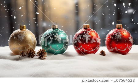 Christmas Ornament on beautiful winter scenery, Xmas Ball, copy space 107564528