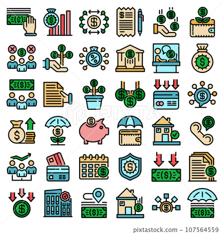 Subsidy icons set. Outline set of subsidy vector icons thin line color flat on white 107564559