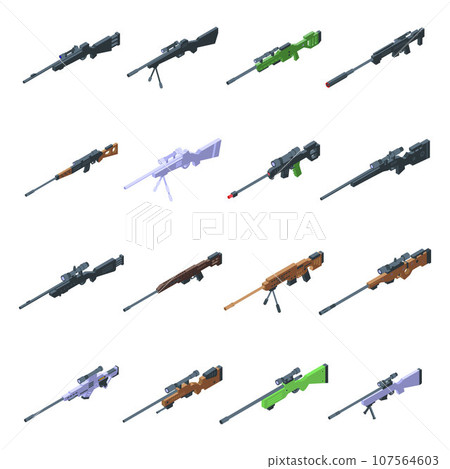Sniper weapon icons set. Isometric set of sniper weapon vector icons for web design isolated on white background 107564603