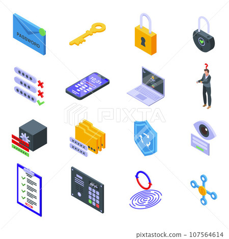 Password recovery icons set. Isometric set of password recovery vector icons for web design isolated on white background 107564614