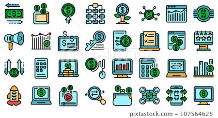 Monetization icons set. Outline set of monetization vector icons thin line color flat on white 107564628