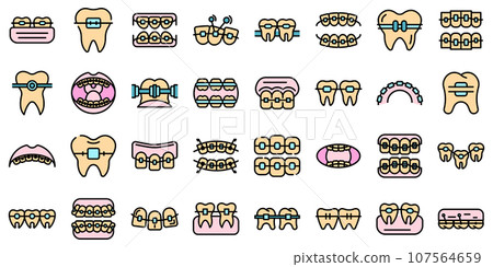Tooth braces icons set. Outline set of tooth braces vector icons thin line color flat on white Tooth braces icons set. Outline set of tooth braces vector icons thin line color flat on white 107564659