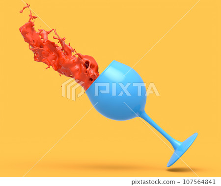 Wine glass with red splashes of fluid isolated on orange monochrome background. 107564841