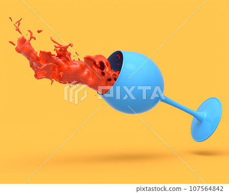 Wine glass with red splashes of fluid isolated on orange monochrome background. Wine glass with red splashes of fluid isolated on orange monochrome background. 107564842