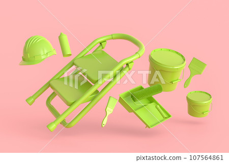 Set of folding ladder, bucket, helmet with paint rollers and brushes Set of folding ladder, bucket, helmet with paint rollers and brushes 107564861
