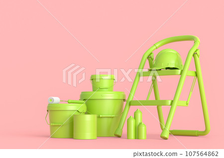 Set of folding ladder, bucket, helmet with paint roller and brushes 107564862