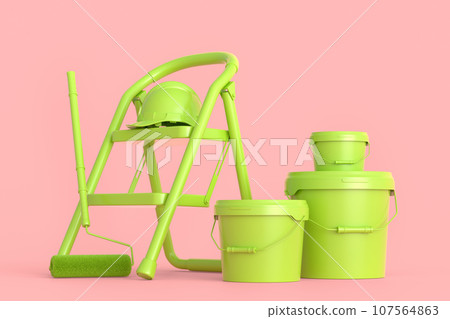 Set of folding ladder, bucket, helmet with paint rollers and brushes 107564863