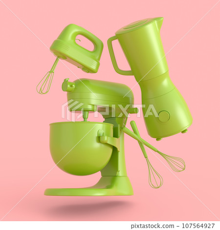 Mixer and hand mixer with kitchen utensil for preparation of dough on monochrome 107564927