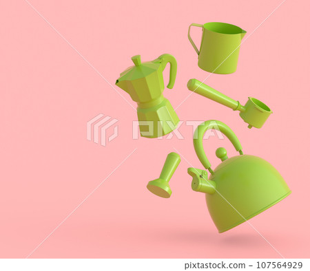 Espresso coffee machine with horn, kettle and geyser coffee maker on monochrome 107564929