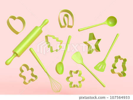 Wooden kitchen utensils and cookie cutters on monochrome background Wooden kitchen utensils and cookie cutters on monochrome background 107564933