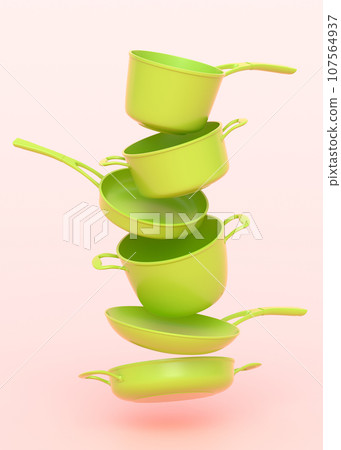 Set of flying stewpot, frying pan and plated cookware on monochrome background 107564937