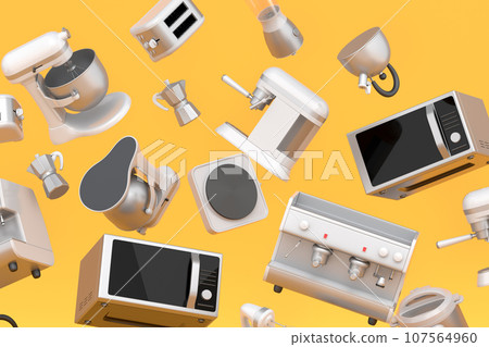 Electric kitchen appliances and utensils for making pastry on yellow background Electric kitchen appliances and utensils for making pastry on yellow background 107564960