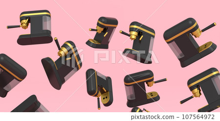 Many of flying professional espresso coffee machine with horn on pink 107564972