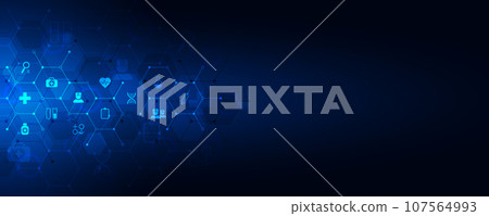 Healthcare and technology concepts with flat icons and symbols. Template design for health care business, innovation medicine, science background, medical research Healthcare and technology concepts with flat icons and symbols. Template design for health care business, innovation medicine, science background, medical research 107564993