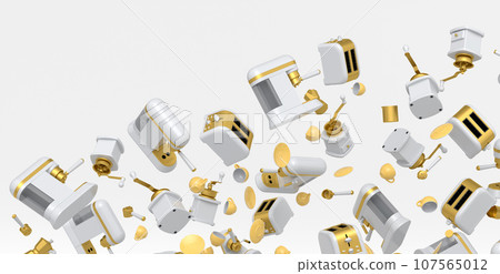 Many of flying espresso machine with horn, cups, geyser coffee maker and grinder Many of flying espresso machine with horn, cups, geyser coffee maker and grinder 107565012
