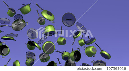 Many of flying frying pan with glass lid on violet background, non-stick 107565016