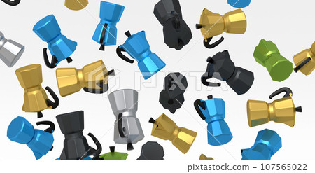 Many of flying Italian geyser coffee maker a la moka on white background. 107565022