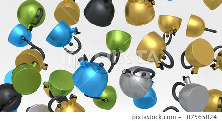 Many of flying steel stovetop kettle with whistle isolated on white background. 107565024