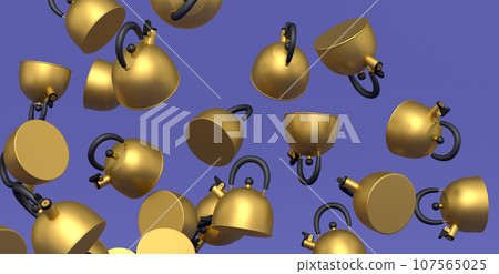 Many of flying steel stovetop kettle with whistle isolated on violet background. Many of flying steel stovetop kettle with whistle isolated on violet background. 107565025