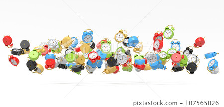 Many of flying alarm clocks on white background. 3d render of wake up time Many of flying alarm clocks on white background. 3d render of wake up time 107565026