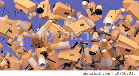 Many of flying of paper coffee cups for americano, espresso on violet 107565033