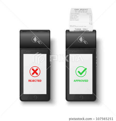 Vector 3d Black NFC Payment Machine with Rejected and Approved Status, Paper Cash Receipt, Bill. Payment POS Terminal, Machine Design Template of Bank Payment Contactless Terminal, Mockup. Top View Vector 3d Black NFC Payment Machine with Rejected and Approved Status, Paper Cash Receipt, Bill. Payment POS Terminal, Machine Design Template of Bank Payment Contactless Terminal, Mockup. Top View 107565251