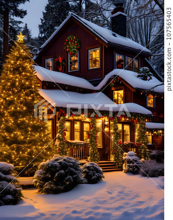 Cozy closeup house with warm lighting. Cozy closeup house with warm lighting. 107565403