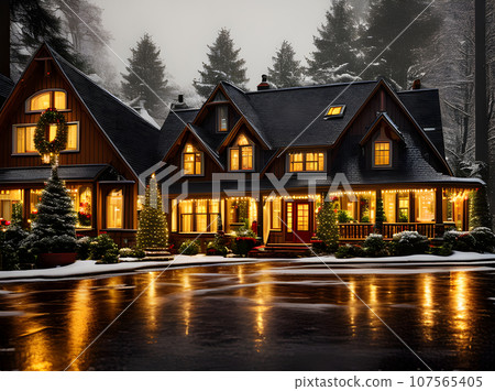 Cozy Christmas house closeup rain Kodachrome color. Cozy Christmas house closeup rain Kodachrome color. 107565405