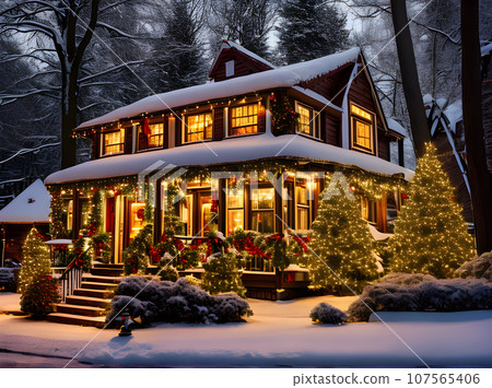 Cozy closeup house with warm lighting. Cozy closeup house with warm lighting. 107565406
