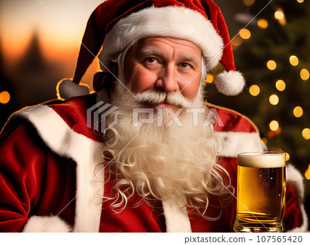Cozy Santa with beer sunset cinematic closeup. Cozy Santa with beer sunset cinematic closeup. 107565420