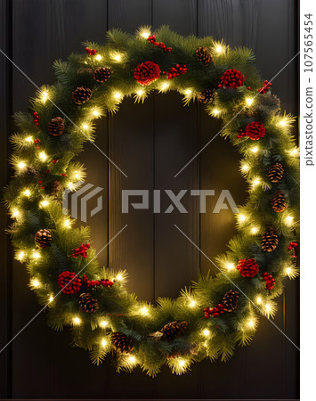 Cozy Christmas wreath medium shot dark cinematic. 107565454