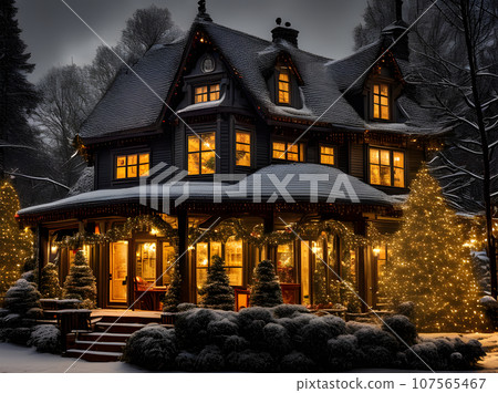 Cozy Xmas house closeup dark vintage colors Cozy Xmas house closeup dark vintage colors 107565467