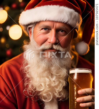 Cozy Santa with beer sunset cinematic closeup. 107565471