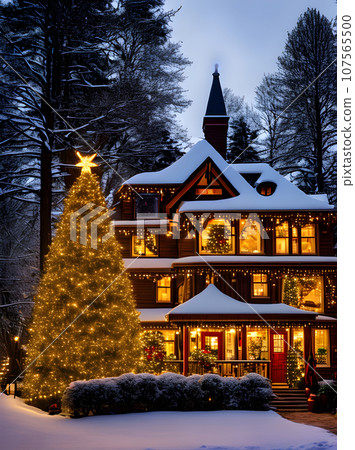 Cozy closeup house with warm lighting. 107565500