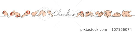 Chicken meat set one line colored continuous drawing. Raw chicken meat parts continuous one line illustration. Vector minimalist linear illustration. Chicken meat set one line colored continuous drawing. Raw chicken meat parts continuous one line illustration. Vector minimalist linear illustration. 107566074