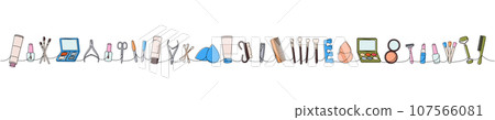 Makeup tools one line colored continuous drawing. Cosmetic cream, brushes, nail polish, sponge, comb, massage roller one line continuous illustration. 107566081