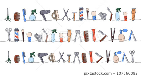 Set of hairdresser tools one line colored continuous drawing. Hair clipper, comb, sharp razor blade, hair straightener, scissors, hair dryer, brush 107566082