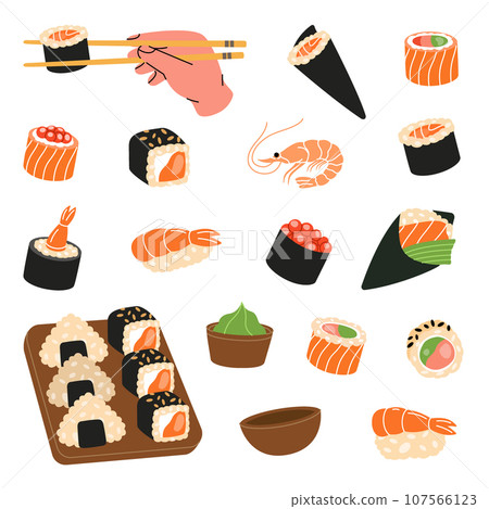 Sushi rolls. Japanese cuisine. Ikura sushi, tobiko maki, onigiri, shrimp nigiri, tekkamaki tuna roll, futomaki, sake temaki, soy bowl, vasabi. 107566123