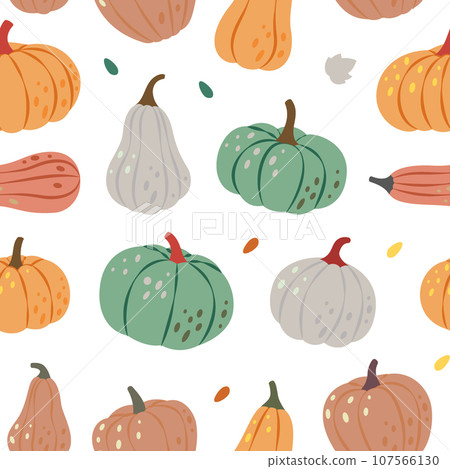 Pumpkins pattern. Autumn pumpkins seamless background. Autumn halloween vegetables banner. Vector illustration. 107566130