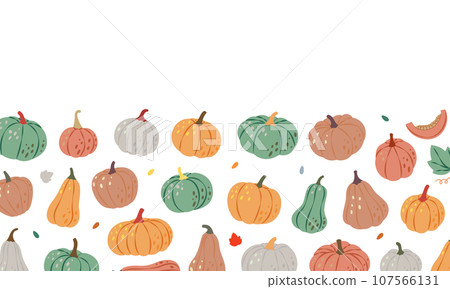 Autumn pumpkins banner. Pumpkins horizontal background. Autumn halloween pumpkins. Vector illustration. 107566131