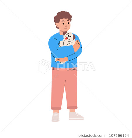Young boy hugging dog pet. Child embracing domestic animal. Good friend. Friendship between child and pet. Cute chubby pug. Vector illustration. 107566134