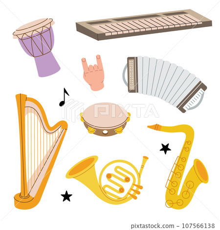 Musical instruments. Djembe drum, bongo, congo, synthesizer piano, accordion, saxophone, french horn, lyre, wooden harp. Vector illustration. 107566138