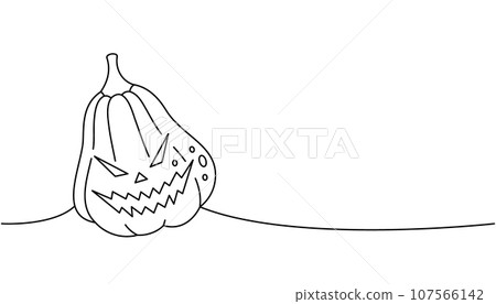 Autumn pumpkin face, vegetable one line continuous drawing. Halloween pumpkin with scary face continuous one line illustration. Vector illustration. 107566142