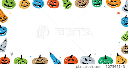 Pumpkins with scary faces in horizontal banner. Halloween pumpkins faces line background. Autumn halloween pumpkins. Vector illustration. Pumpkins with scary faces in horizontal banner. Halloween pumpkins faces line background. Autumn halloween pumpkins. Vector illustration. 107566143
