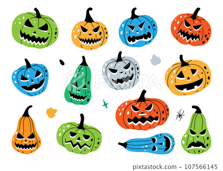Autumn pumpkins faces. Pumpkins scary faces. Autumn halloween vegetables. Vector illustration. 107566145